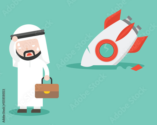 Arab Businessman with broken rocket, flat design, unsuccessful concept