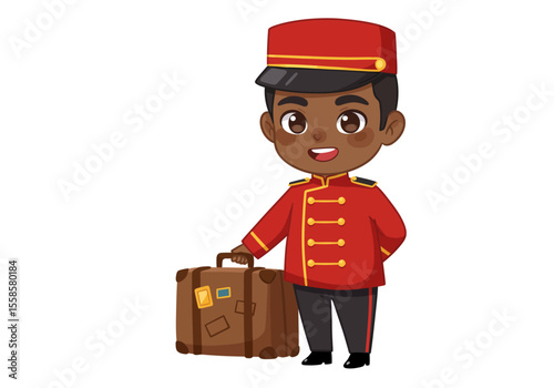 A cartoon bellhop holds a suitcase wearing a red uniform  cap