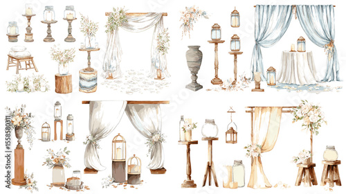 Watercolor set of elegant wedding decorations with floral arches, lanterns, and drapes, perfect for romantic event planning and venue styling.

