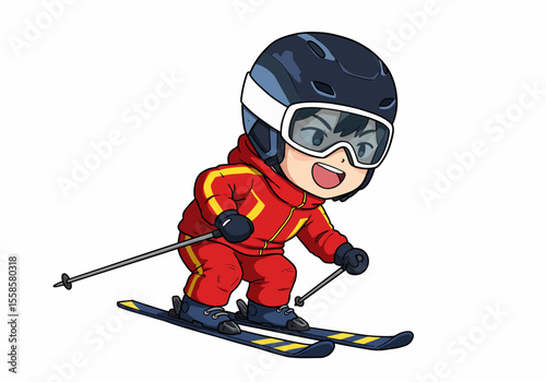 A cartoon child in ski gear skis and poles is depicted downhill skiing with a helmet and goggles on a white background