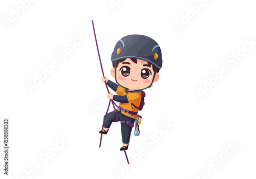 A cartoon climber with a helmet ascending on a rope