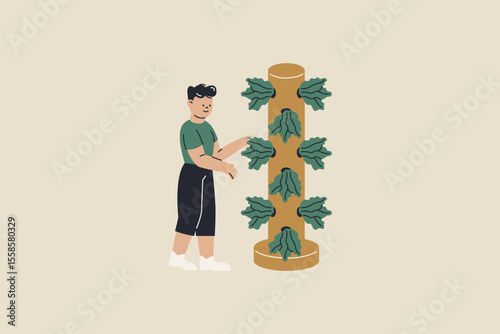 Illustration of Man Tending to Vertical Garden