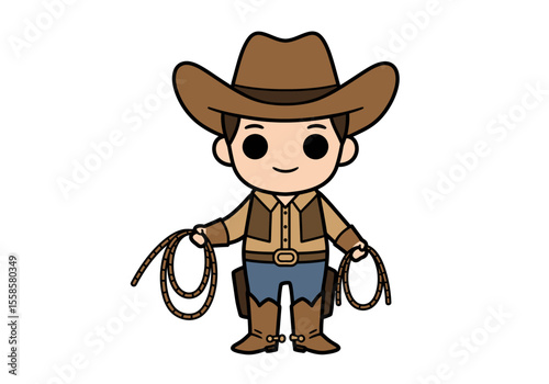 A cartoon cowboy figure holds lariats wearing hat vest jeans and boots standing