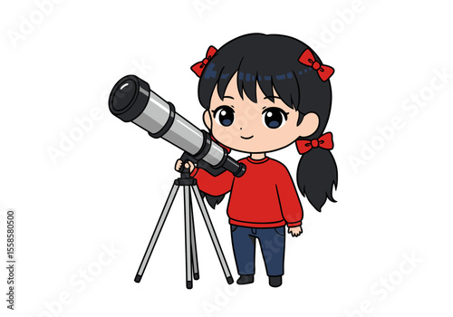 A cartoon girl with black hair and red bows is peering through a silver telescope on a tripod