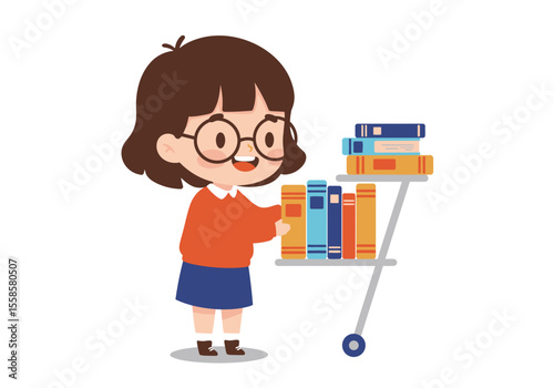 A cartoon girl with glasses stands by a cart of books smiling