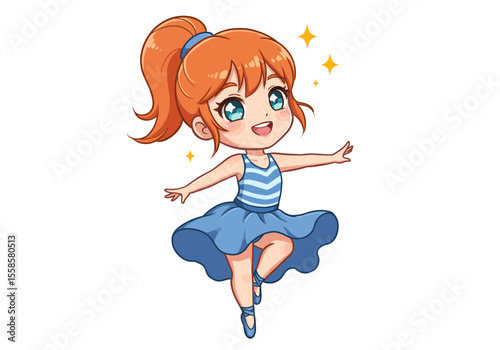 A cartoon girl with orange hair in a blue dress dancing with a smile