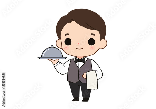 A cartoon waiter holds a silver cloche lid tray and a white napkin