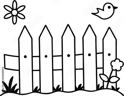 Charming Countryside Scene with Picket Fence Flowers and Bird	