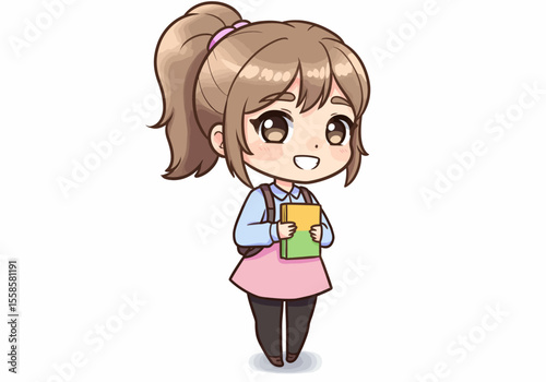 A chibi girl with a ponytail wearing a pink apron blue shirt and carrying books