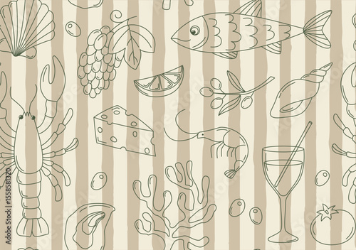 Seamless Mediterranean pattern with seafood, cheese, shells, olives, lobsters, shrimps, lemons. Summer background with doodle elements	