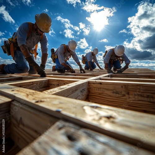  Builders assemble the wooden frame of a house under a bright blue sky. Generative AI