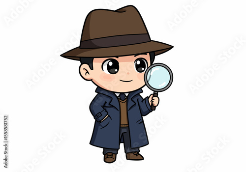 A detective cartoon character is holding a magnifying glass and wearing a brown hat and coat