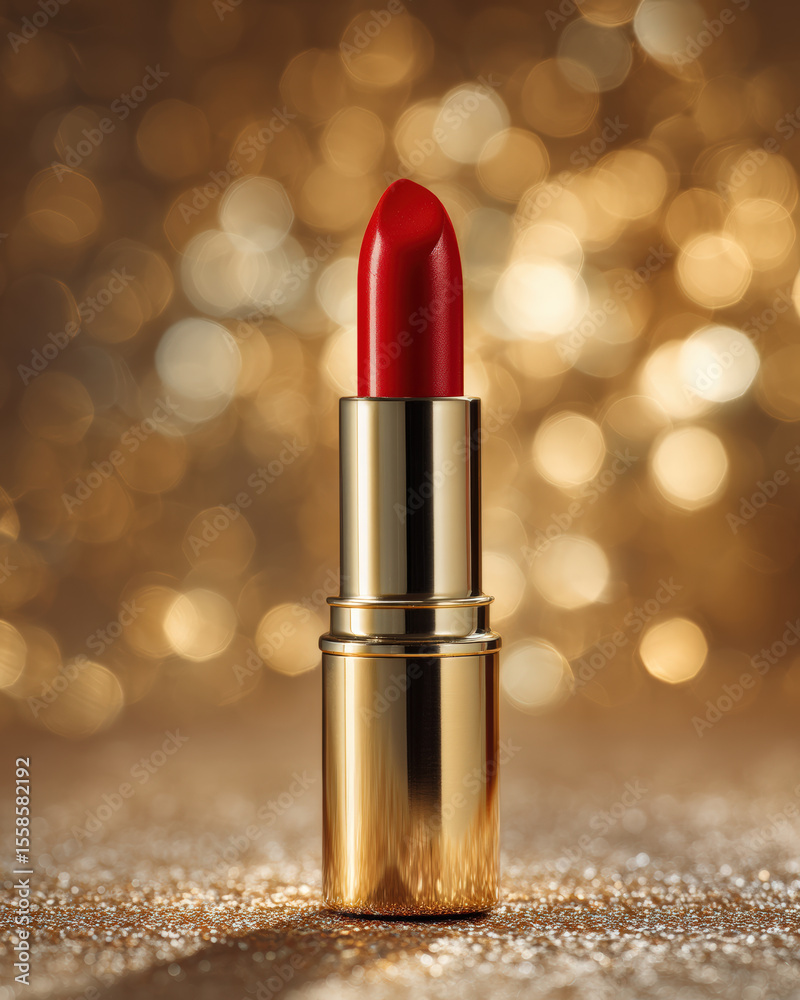 Vibrant red lipstick stands elegantly against shimmering golden bokeh background, exuding sense of glamour and sophistication. This classic beauty product is perfect for enhancing any makeup look Vibrant red lipstick stands elegantly against shimmering golden bokeh background, exuding sense of glamour and sophistication. This classic beauty product is perfect for enhancing any makeup look