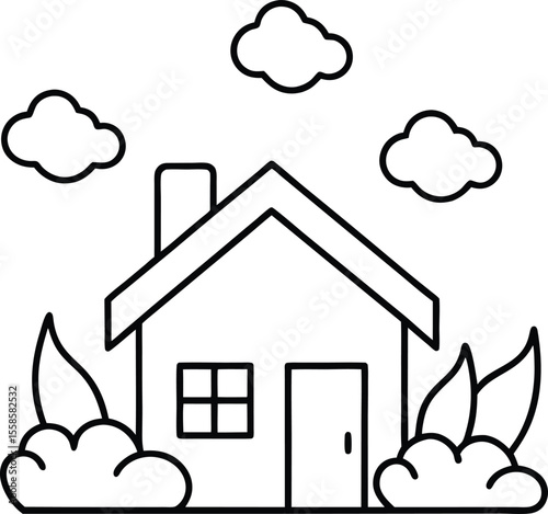 Simple house drawing with clouds and bushes	