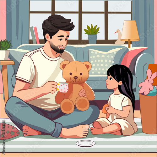Dad and daughter playing tea party with teddy bear - modern man