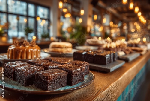 Delicious selection of various chocolate desserts arranged on wooden table in cozy cafe with warm lighting and inviting ambiance