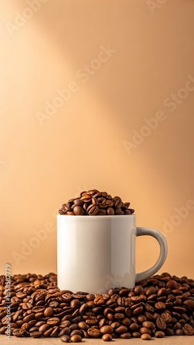 Coffee beans in mug on tan surface for morning brew espresso and cappuccino drink photography idea
