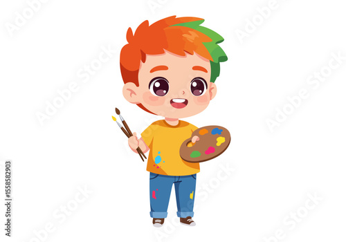 Boy with paintbrushespalette orangegreen hair yellow shirt blue jeans brown shoes