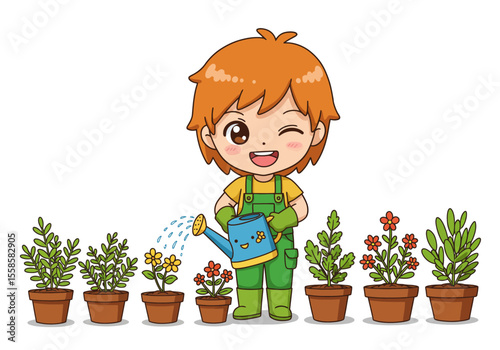 Boy waters flowers in pots wearing overalls and winking