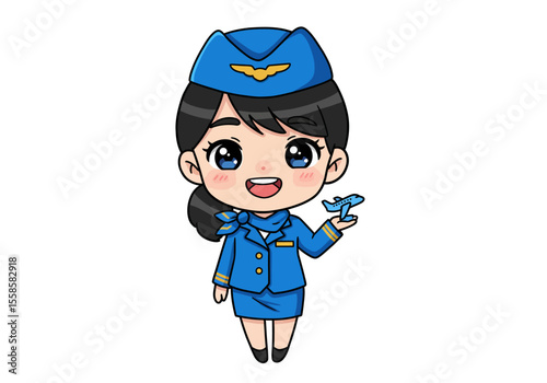 Cartoon air stewardess in blue uniform with plane toy