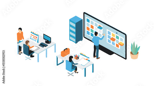 Isometric office scene shows employees collaborating on a large screen calendar and working at desks
