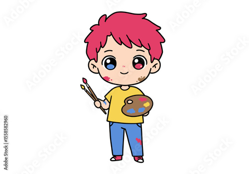 Cartoon artist with red hair paintsplattered face paintbrushes palette in a yellow tshirt blue pants
