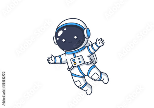 Cartoon astronaut with blue  white suit floats in space with a dark visor  small smile