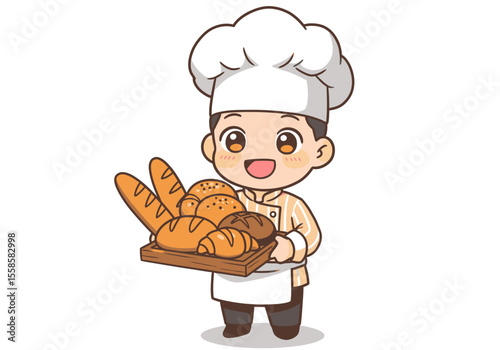 Cartoon baker holds a tray of bread with a chefs hat and apron