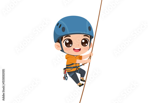 Cartoon boy climbing with a blue helmet and orange shirt