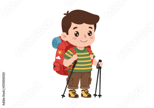 Cartoon boy hiker with backpack poles striped shirt  cargo shorts stands on a white background