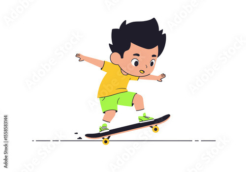 Cartoon boy in a yellow shirt and green shorts skateboarding on a black skateboard