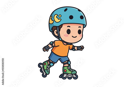 Cartoon boy in blue helmet  roller skates orange shirt blue shorts moving right smiling
