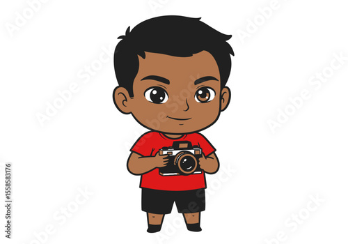 Cartoon boy holding a camera red shirt and black hair on a white background
