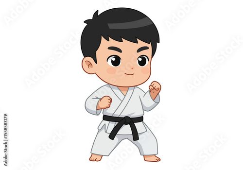 Cartoon boy in karate gi black belt stance eyes large and shiny