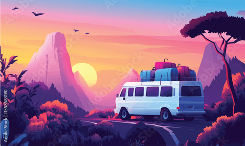 Road Trip Van at Sunset in a Vibrant Stylized Landscape