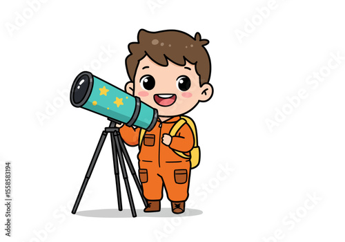 Cartoon boy in orange suit looks through blue telescope with yellow star decals