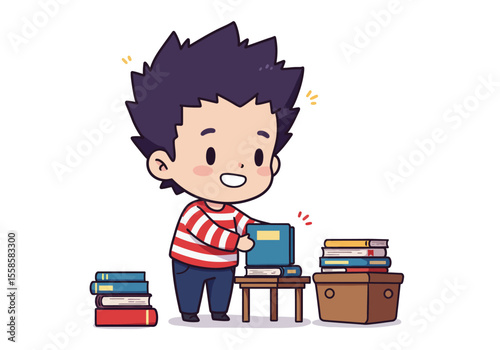 Cartoon boy stacking books on a table and a box with a pile beside him