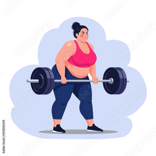 Plus Size Woman Lifting Barbell for Fitness and Strength Training Vector Illustration