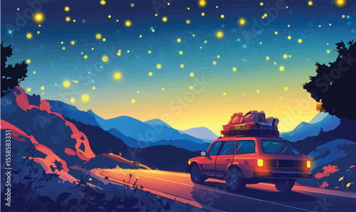 Night Road Trip Under a Starry Mountain Sky