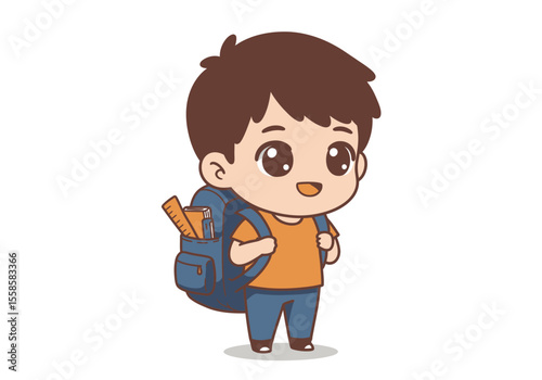 Cartoon boy with backpack school supplies visible in side pocket