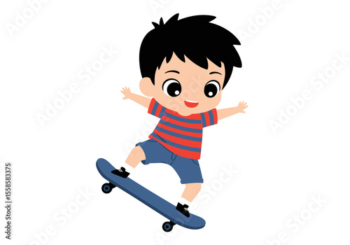Cartoon boy with black hair smiles while riding a blue skateboard wearing a red and blue striped shirt and blue shorts