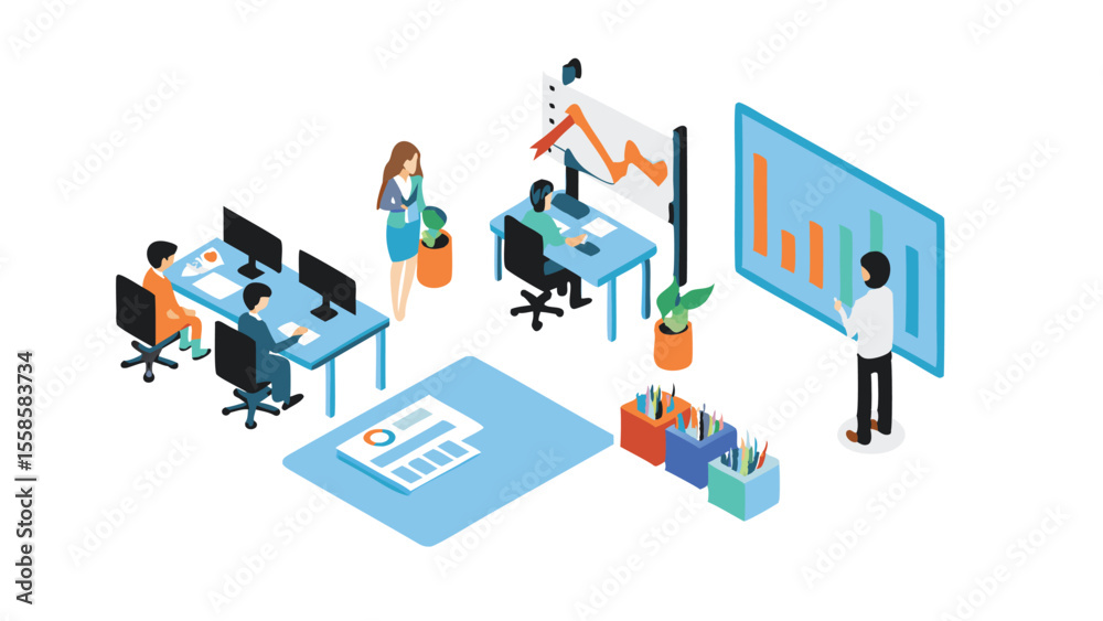 custom made wallpaper toronto digitalIsometric view of a modern office space with employees working and presenting data analysis charts