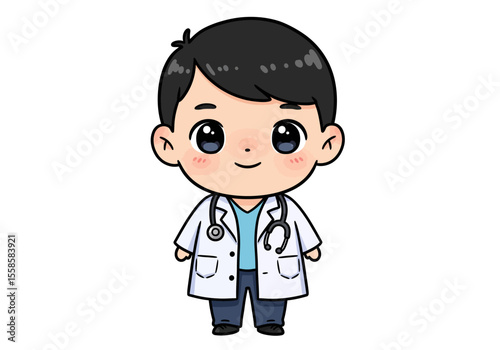 Cartoon doctor front view wearing a white coat and stethoscope