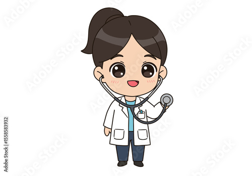 Cartoon doctor with stethoscope white coat  ponytail smiles