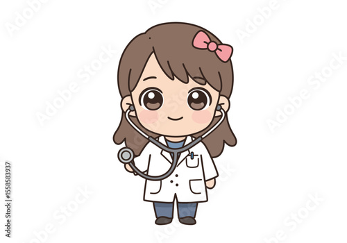 Cartoon doctor female brown hair pink bow stethoscope white coat