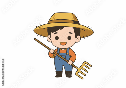 Cartoon farmer with a straw hat holding a rake