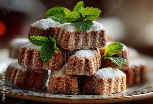 Delicious sweet treats piled on plate garnished with fresh mint leaves for a delightful culinary presentation and indulgent dessert experience at home.