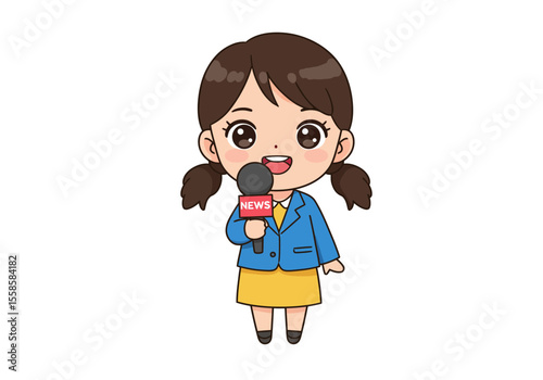 Cartoon female news reporter holding a microphone wearing a suit and skirt