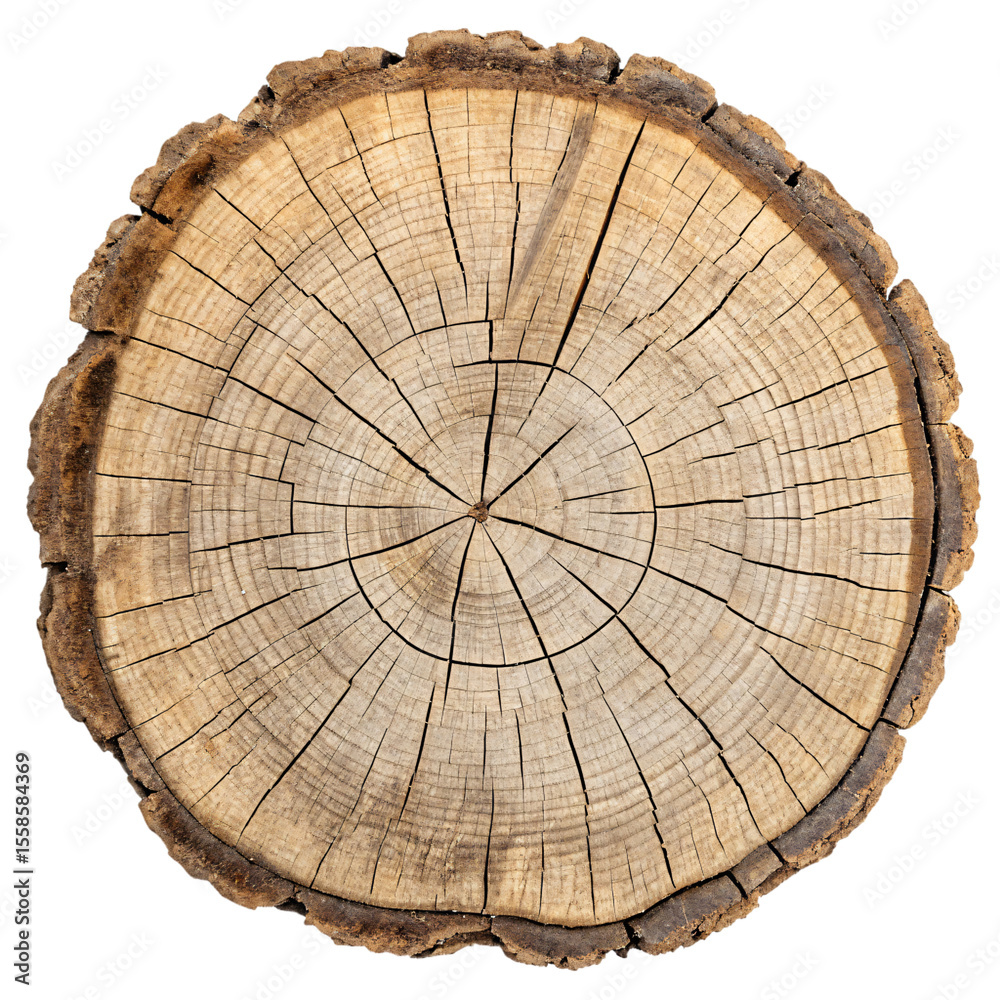 Fototapeta premium top view cross section of ancient tree trunk, isolated PNG transparent background