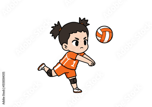 Cartoon girl in orange sports gear plays volleyball hitting an orange and white ball